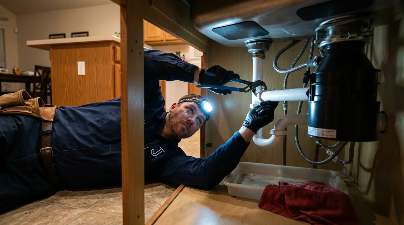 P-trap and supply line connections under a kitchen sink showing a common leak point in Arlington, TN